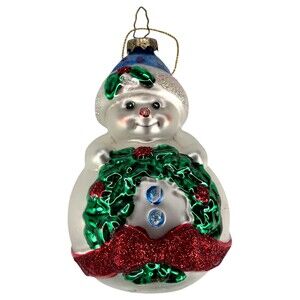 5" Snowman Wreath Christmas Ornament Blown Glass Tree Hand Painted VTG
